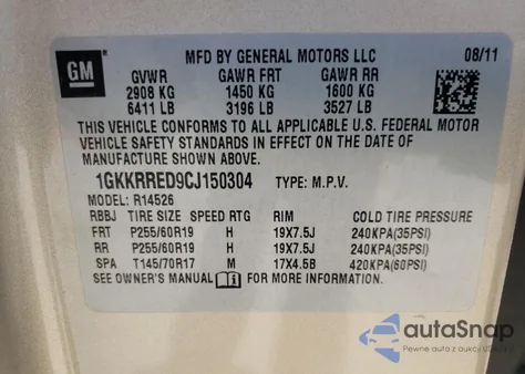 2012 GMC Acadia Slt-1 from USA, damaged, VIN 1GKKRRED9CJ150304